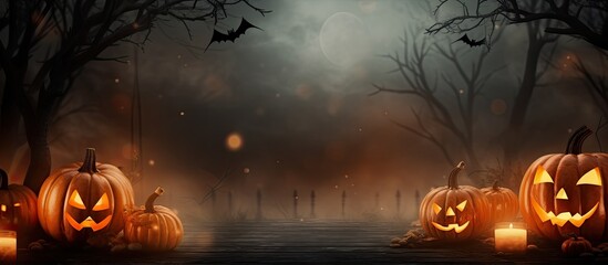 Poster - Eerie Halloween atmosphere with a backdrop of an orange glowing bokeh and an assortment of spooky elements like pumpkins bats a cat and a ghost Perfect for a banner or adding text Copy space image