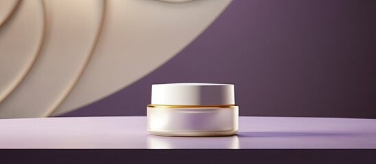Poster - A luxurious white cream container is displayed on a purple podium with shadows creating an elegant cosmetic product mockup The blank template is suitable for showcasing skincare body moisturizer bott
