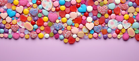 Aufkleber - A colorful assortment of sweet sprinkles in various shapes such as hearts stars moon flowers round balls and sticks set against a vibrant backdrop Ideal for use as a copy space image 176 characters