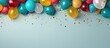 © HN Works - A festive flat lay style background featuring vibrant balloons presents and confetti Perfect for birthday or party greetings with room for a personalized message Copy space image