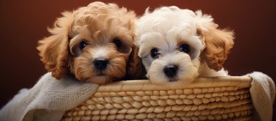 Poster - Adorable poodle puppy exploring the basket with a baby dog looking around in a playful and endearing pet moment Ample copy space for the image