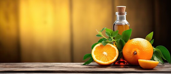 Poster - Copy space image of a bottle of essential oil accompanied by fresh oranges and mint placed on a rustic wooden table leaving room for additional text