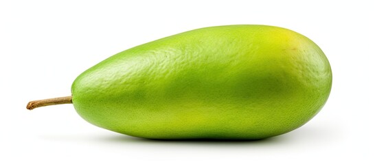 Aufkleber - A single raw green mango with its stem is captured in a close up view The mango symbolizing natural tropical food is isolated on a white background This image is perfect for food related concepts wit