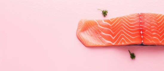 Poster - A raw piece of pink salmon a type of seafood is seen in the top view of a copy space image It is a nutritious option for those following a healthy diet including keto paleo or raw pescetarian diets