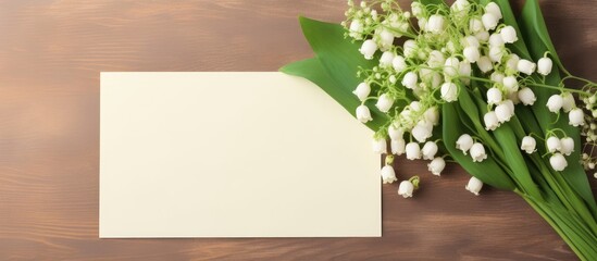 Poster - Top view of a vintage card placed on a table alongside a bouquet of lily of the valley A blank paper sheet creates empty space for text in this copy space image