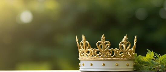 Poster - A picture of a white piggy bank with a golden crown sits on a table that is divided against a greenery background providing copy space for other elements