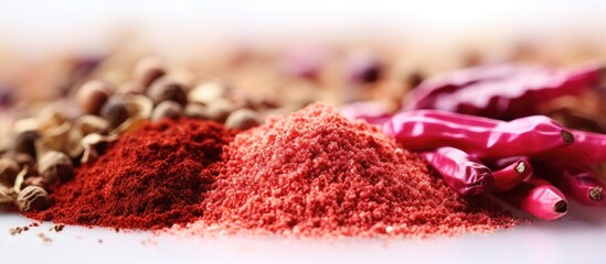 Poster - A close up shot of ground pink and red pepper isolated on a white background with copy space for text or images It is a packaging concept featuring spices and herbs
