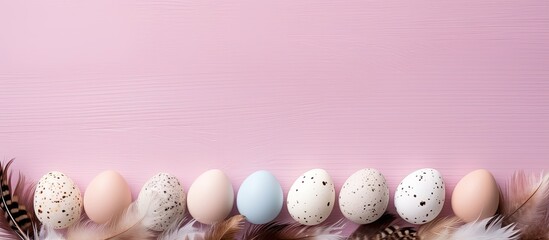 Sticker - Copy space image of various colored Easter eggs and quail eggs adorned with white feathers arranged on a soft pastel pink background Capturing the essence of the Easter holiday this top view flat lay