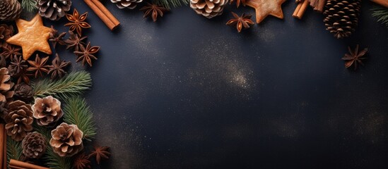Aufkleber - Top view of a Christmas themed background featuring fir branches pine cones Christmas cookies cinnamon sticks and anise stars Ample copy space is available