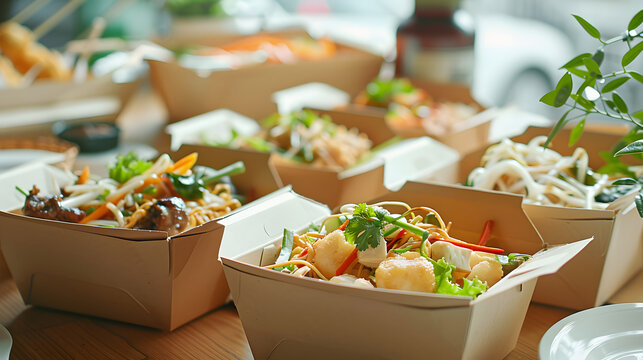 Enjoy organic takeout food served in convenient paper containers at home. Eco-friendly packaging concept