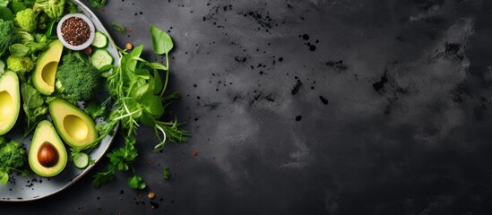 Poster - A top down view of a green vegetable salad with cucumber green pea and avocado on a rustic plate placed on a background of grey slate stone or concrete The image includes empty space for text
