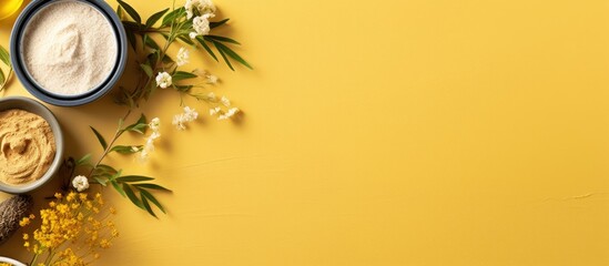 Poster - A top down view of a yellow deck adorned with a set of homemade cosmetics ingredients including cosmetic clay The image captures the essence of spa treatments and an aroma themed atmosphere Perfect a