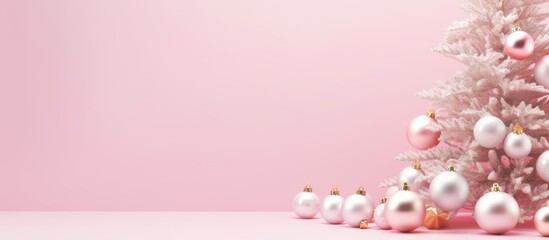 Poster - A minimal Christmas themed flat lay composition featuring pink decorations on a pastel pink background The image has a lot of empty space for text or other elements. Creative banner. Copyspace image