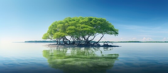 Wall Mural - Idyllic coastal natural landscape with a row of beautiful green mangrove trees in shallow water including a leafless tree The panoramic view serves as a serene copy space image