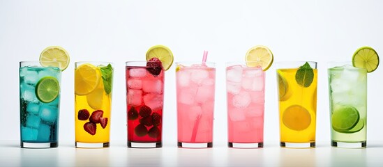 Poster - An assortment of lemonades in green blue and pink with strawberry lime and lemon They are displayed on a white background leaving room for additional imagery