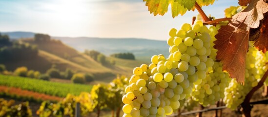 Poster - A close up of fresh white grapes growing on a grapevine in autumn set against a panoramic background This copy space image captures the essence of a grape harvest in Moravia creating an agricultural