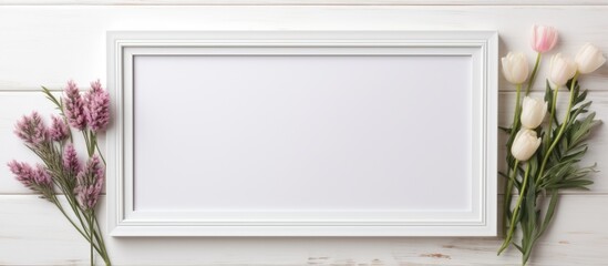 Poster - A mockup picture frame made of white wooden material arranged in a horizontal orientation with decorative elements around it providing copy space for an image