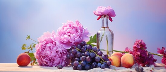 Sticker - Colorful composition featuring a bottle of essential oil ripe grapes and vibrant peony flowers set against a captivating background Perfect for copy space images