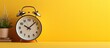 © HN Works - A yellow background showcases a wall clock alongside a time card displaying crucial details such as attendance clocking out overtime name year month and subtotal. Creative banner. Copyspace image