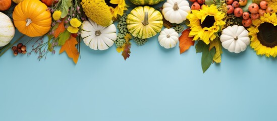 Poster - A symmetrical flat lay for Thanksgiving with fresh vegetables yellow flowers and pumpkins on a light blue background Offers copy space image