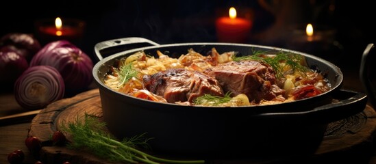 Sticker - German traditional dish consisting of roasted pork leg served with stewed sauerkraut and braised sour cabbage in a saucepan This copy space image represents the national cuisine featuring a hearty co