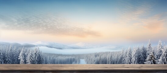 Poster - A picturesque winter landscape with snow covered fir trees and a wooden table top creating a perfect setting for a Merry Christmas and happy New Year greeting background The image features a combinat