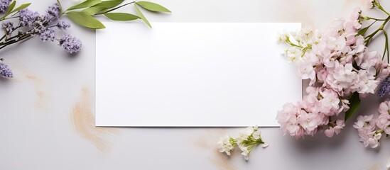 Poster - Top view of a beautifully decorated white invitation card mockup with a minimal and elegant style adorned with fresh flowers The image showcases a stunning floral template with plenty of copy space
