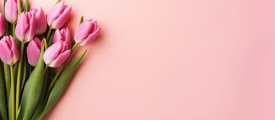 Poster - Easter themed tulip flowers placed on a pink background providing ample copy space for any text The arrangement is laid out flat adding to the overall visual appeal