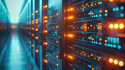 Poster - A row of computer servers in a data center. Concept of cyberspace, communication and technology.
