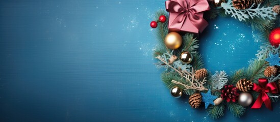 Poster - A festive Christmas wreath and gift box sit on a blue table surrounded by New Year s decorations The view is from the top offering a flat lay arrangement with ample copy space