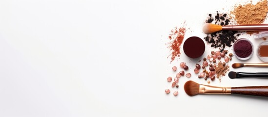 Poster - Copy space image featuring a flat lay composition on a white background with eyebrow henna professional tools and cosmetic products leaving room for text