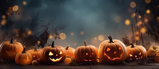 Poster - Eerie Halloween atmosphere with a backdrop of an orange glowing bokeh and an assortment of spooky elements like pumpkins bats a cat and a ghost Perfect for a banner or adding text Copy space image