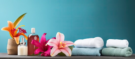 Poster - An assortment of Body care and spa bottles are arranged alongside a towel and a vibrant tropical flower in this visually appealing copy space image