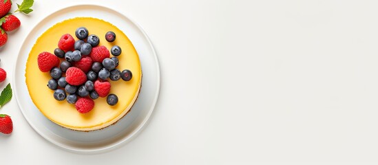 Aufkleber - A top down view of a cheesecake adorned with fresh berries and mango placed on a light gray plate against a white backdrop offering space for your text. Creative banner. Copyspace image
