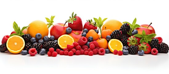 Poster - A close up panoramic photo displaying a vibrant assortment of fresh and healthy fruits and berries isolated on a white background with ample copy space