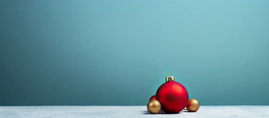 Poster - A minimal style New Year greeting card featuring a creative composition of a Christmas tree made from red bauble ball decorations set against a blue background with copy space image