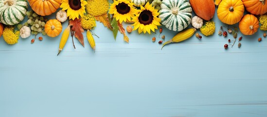 Sticker - A symmetrical flat lay for Thanksgiving with fresh vegetables yellow flowers and pumpkins on a light blue background Offers copy space image