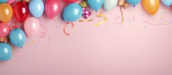 Aufkleber - A festive flat lay style background featuring vibrant balloons presents and confetti Perfect for birthday or party greetings with room for a personalized message Copy space image