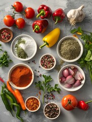Aufkleber - A variety of spices and fresh vegetables are arranged on a kitchen table, including bell peppers, tomatoes, onions, garlic, and herbs. Generative AI