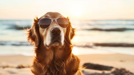 Wall Mural - Golden retriever wearing sunglasses on a beach with the ocean in the background at sunset.