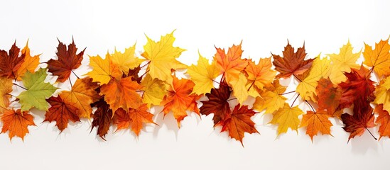 Poster - A vibrant border decoration adorned with colorful autumn leaves displaying hues of yellow green and brown set against a pristine white background with ample copy space image