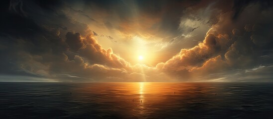 Wall Mural - A stunning seascape with ominous dark clouds a radiant sun emerging from the horizon and distant ships creating a divine and dramatic copy space image