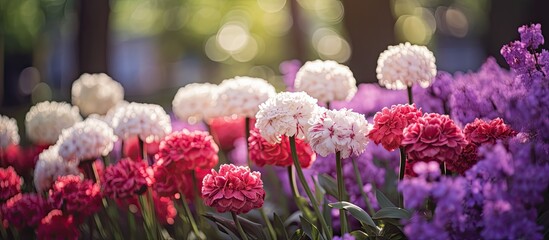 Aufkleber - A colorful display of purple red and pink flowers in a garden during sunny daylight creates a fresh and vibrant setting for a cheerful spring backdrop with a copy space image
