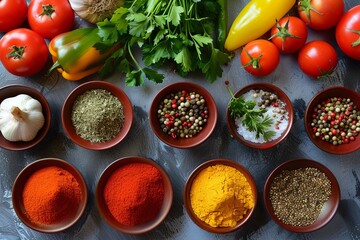 Poster - A variety of spices and fresh vegetables, including tomatoes, peppers, and herbs, are laid out on a kitchen table. Generative AI