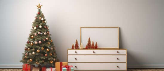 Sticker - A copy space image of a blank frame is displayed on top of a chest of drawers surrounded by gifts Nearby a Christmas tree stands next to a well lit wall in the room