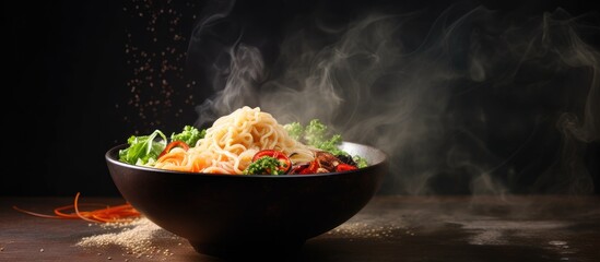 Poster - A steaming bowl of Asian ramen with vibrant flavors and enticing aromas ready to be devoured A perfect copy space image for food enthusiasts