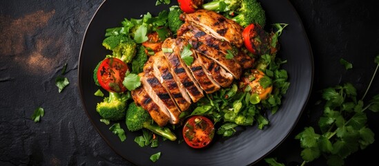 Poster - Top view of a healthy Keto diet meal consisting of a grilled chicken fillet and a fresh vegetable salad beautifully presented with a copy space for creative purposes