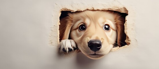 Poster - Golden retriever puppy peeking out from a hole in the wall presenting a creative minimal concept The image contains a mock up and copy space