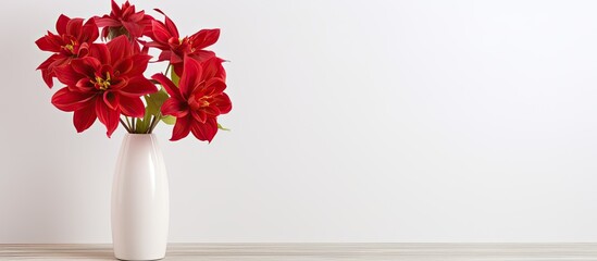 Poster - Festive summer interior decor with an elegant vase showcasing a closeup of a deep red flower bouquet on a white wood background This copy space image is vibrant and captivating