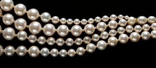 Poster - Beautiful pearl necklaces arranged in rows placed against a sleek black background This image embodies elegance and represents the concept of jewelry With a top view and a flat lay style the copy spa